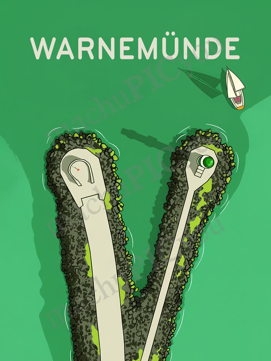 Warnemünde — Geheimer Hafen — Illustriertes Reiseposter aus echtem Foto | machuPICyou