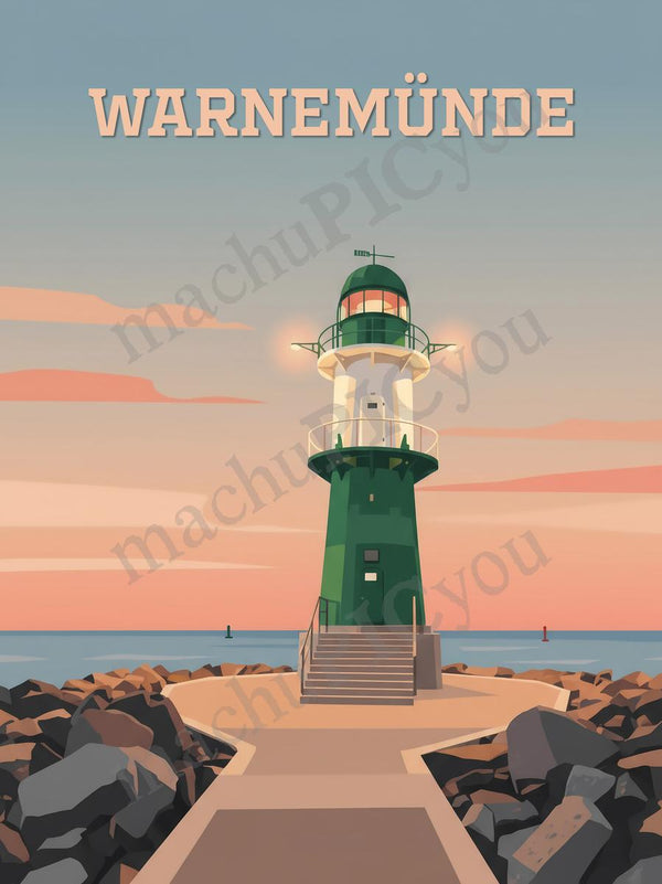 Warnemünde — Leuchtfeuer der Ruhe — Illustriertes Reiseposter aus echtem Foto | machuPICyou