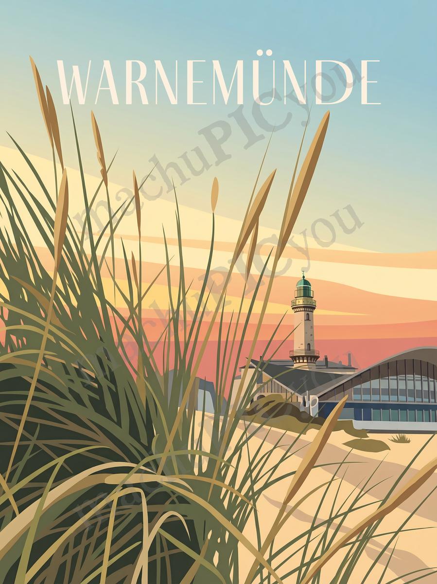 Warnemünde — Dünenlicht am Meer — Illustriertes Reiseposter aus echtem Foto | machuPICyou