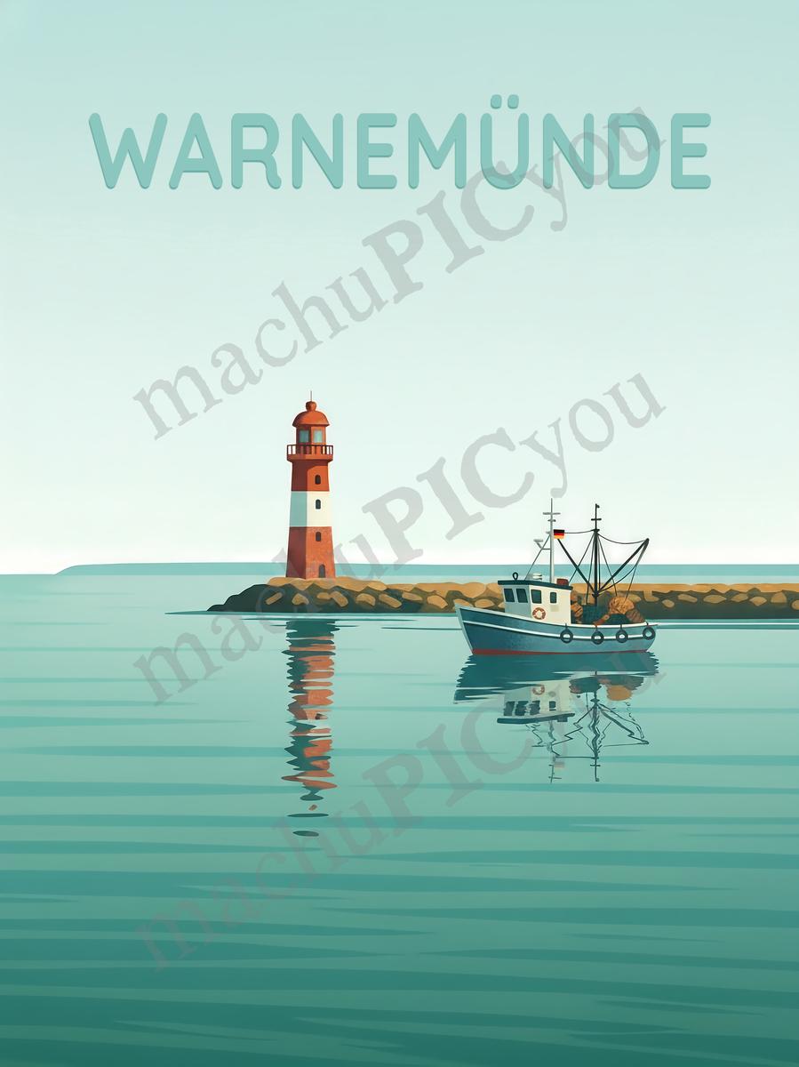 Warnemünde — Fischer auf stiller See — Illustriertes Reiseposter aus echtem Foto | machuPICyou