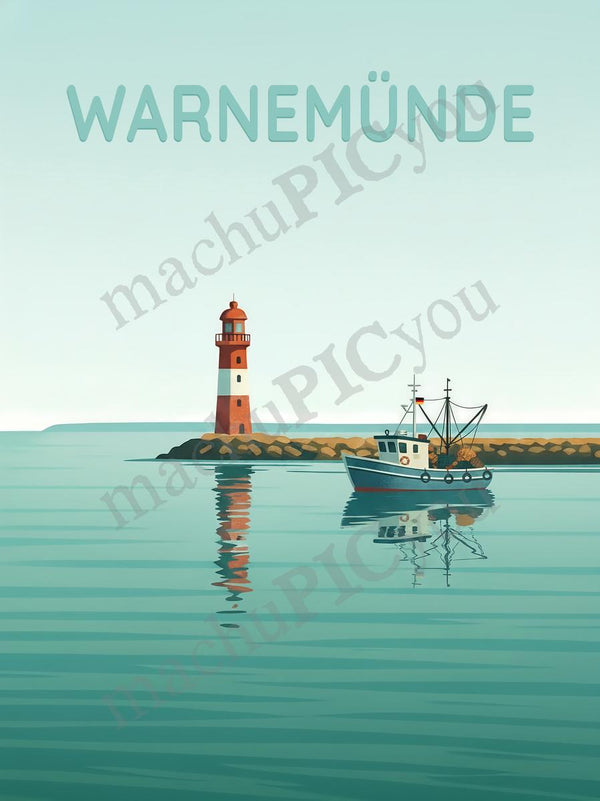 Warnemünde — Fischer auf stiller See — Illustriertes Reiseposter aus echtem Foto | machuPICyou