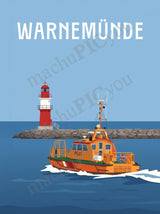 Warnemünde — Küstenwache auf Kurs — Illustriertes Reiseposter aus echtem Foto | machuPICyou
