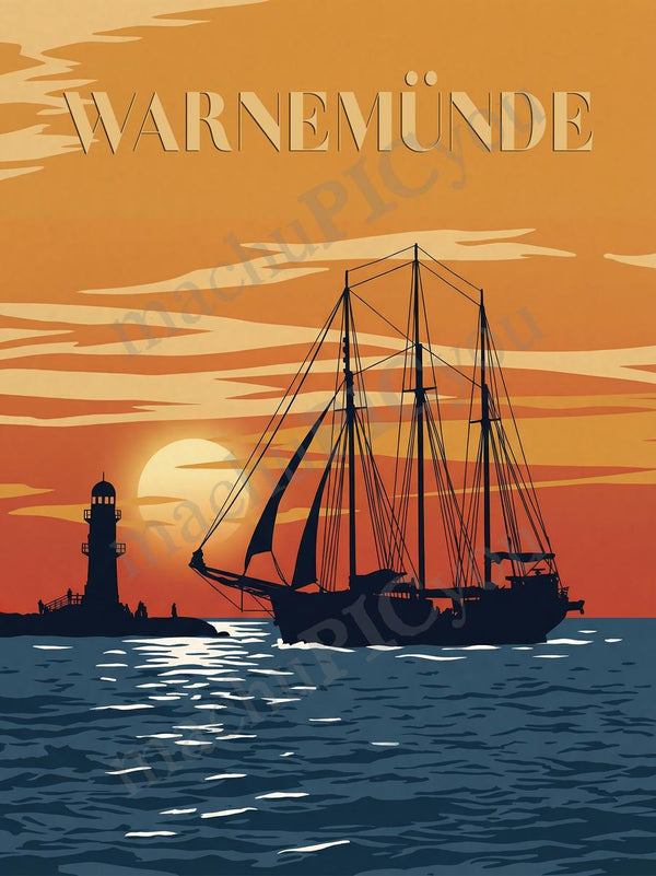 Warnemünde — Leuchtfeuer im Abendwind — Illustriertes Reiseposter aus echtem Foto | machuPICyou