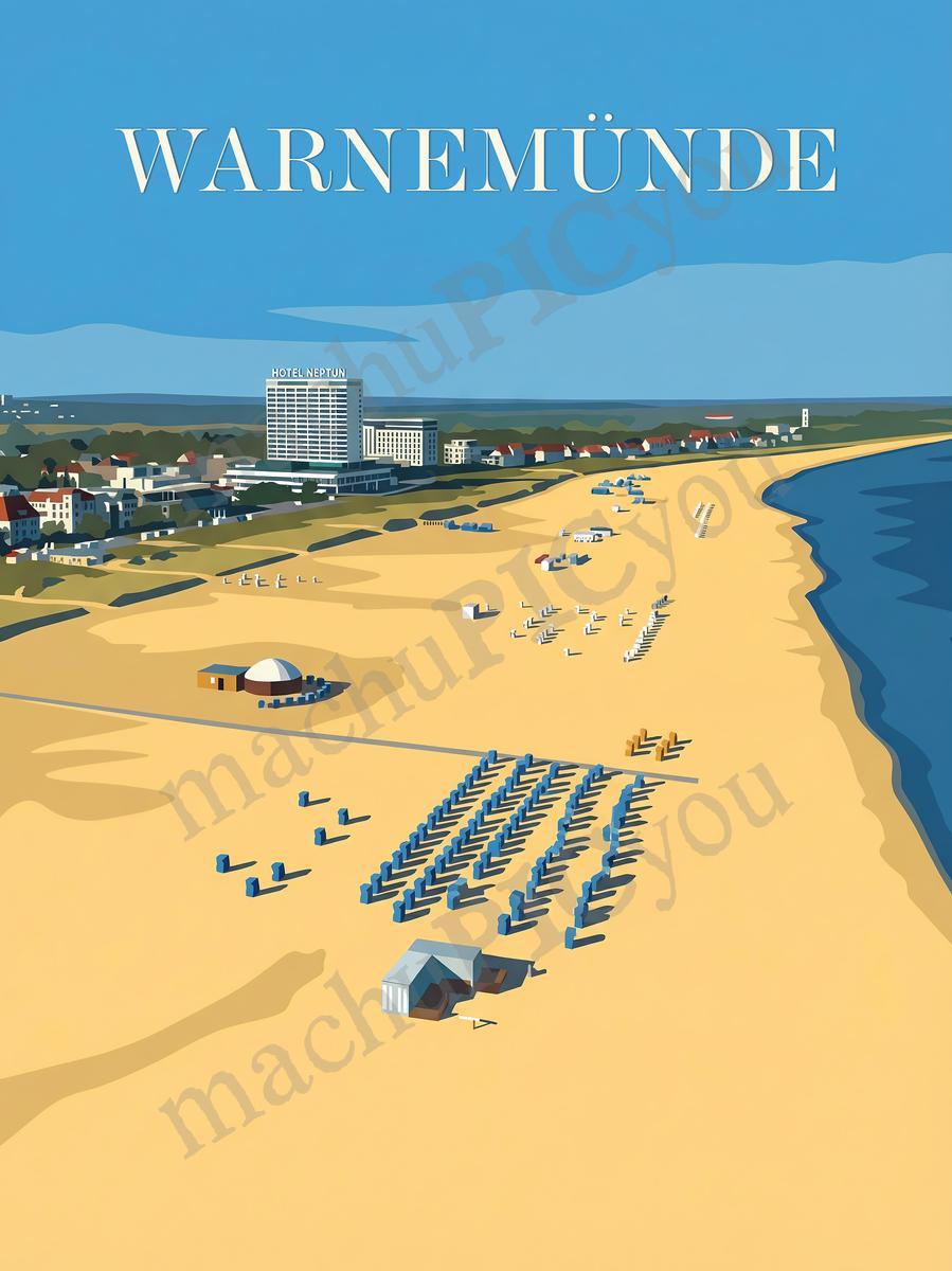 Warnemünde — Strand der Weite — Illustriertes Reiseposter aus echtem Foto | machuPICyou
