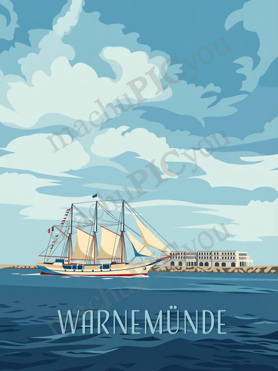 Warnemünde — Heimkehr der Segel — Illustriertes Reiseposter aus echtem Foto | machuPICyou