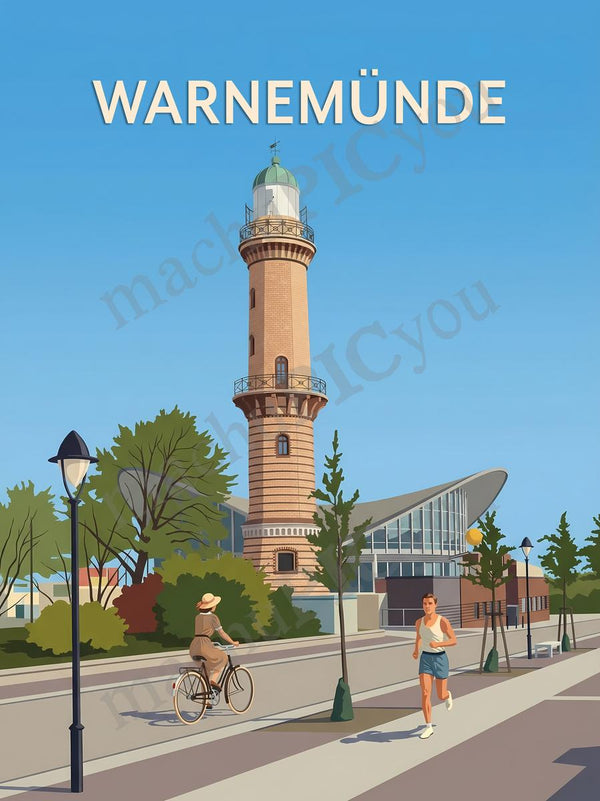 Warnemünde — Küstenmorgen — Illustriertes Reiseposter aus echtem Foto | machuPICyou