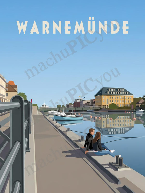 Warnemünde — Hafenruhe zu zweit — Illustriertes Reiseposter aus echtem Foto | machuPICyou