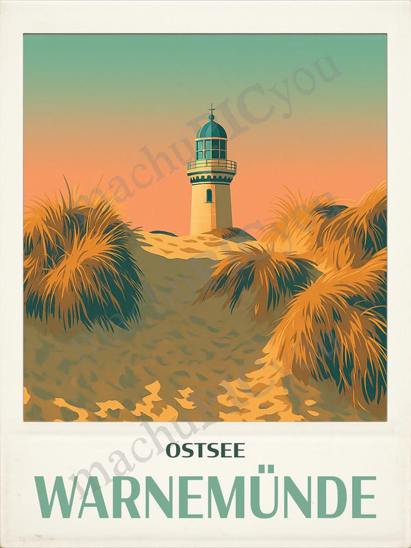 Warnemünde — Leuchtturm im Abendwind — Illustriertes Reiseposter aus echtem Foto | machuPICyou