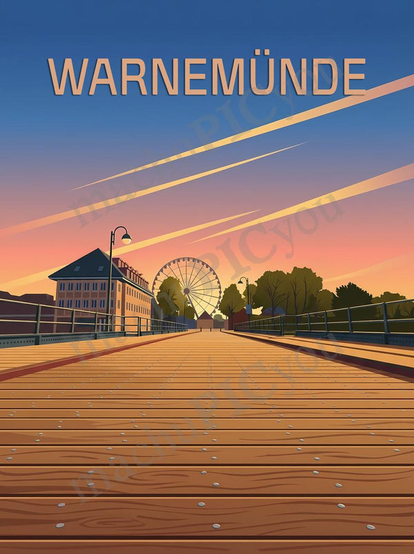Warnemünde — Brücke ins Abendlicht — Illustriertes Reiseposter aus echtem Foto | machuPICyou