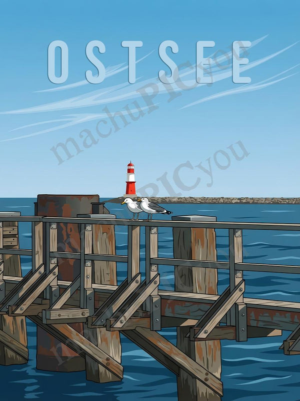 Warnemünde — Möwen am Steg — Illustriertes Reiseposter aus echtem Foto | machuPICyou