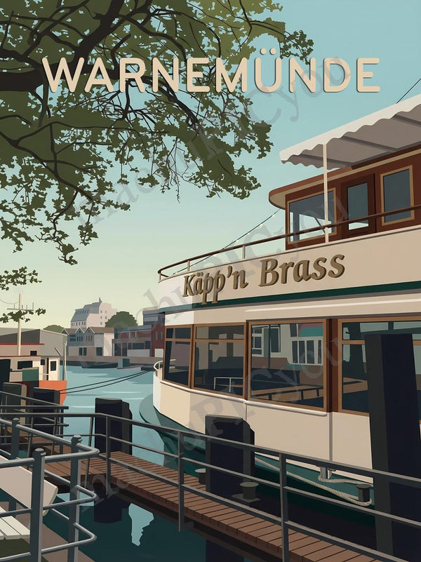 Warnemünde — Ankommen am Kai — Illustriertes Reiseposter aus echtem Foto | machuPICyou