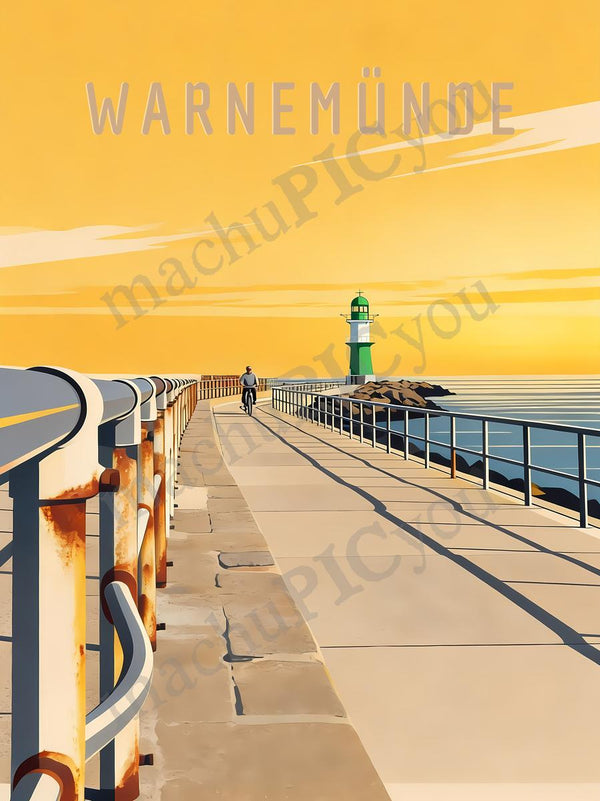 Warnemünde — Weg zum Leuchten — Illustriertes Reiseposter aus echtem Foto | machuPICyou