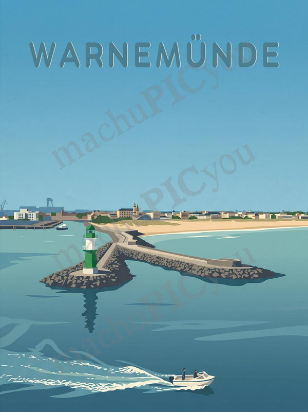 Warnemünde — Raus ins Blau — Illustriertes Reiseposter aus echtem Foto | machuPICyou