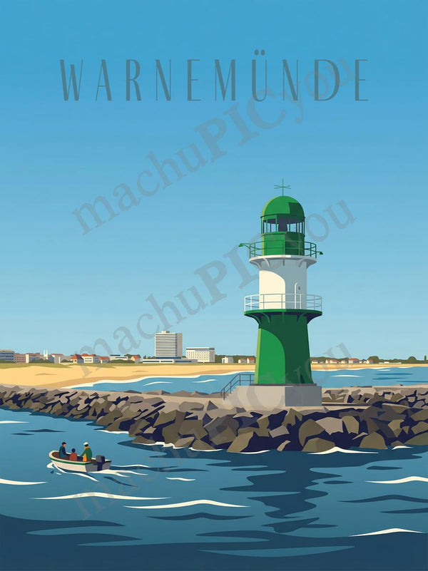 Warnemünde — Wächter der Küste — Illustriertes Reiseposter aus echtem Foto | machuPICyou