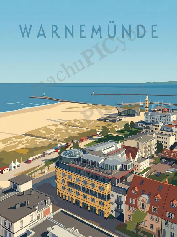 Warnemünde — Stadt am Strand — Illustriertes Reiseposter aus echtem Foto | machuPICyou