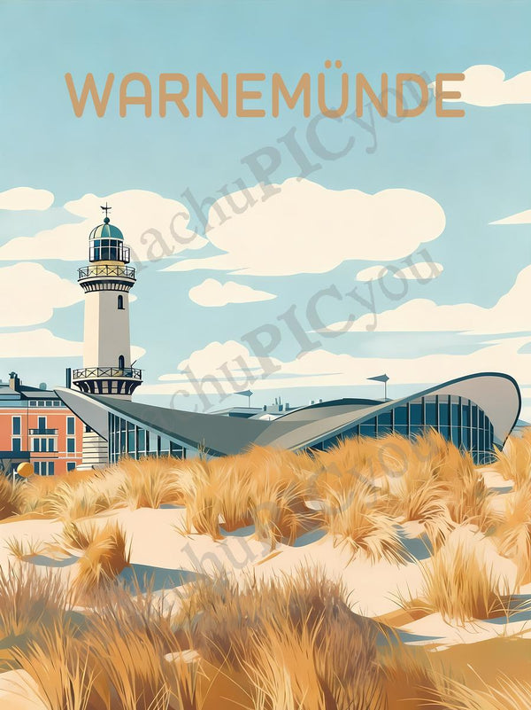 Warnemünde — Zwischen Gras und Himmel — Illustriertes Reiseposter aus echtem Foto | machuPICyou
