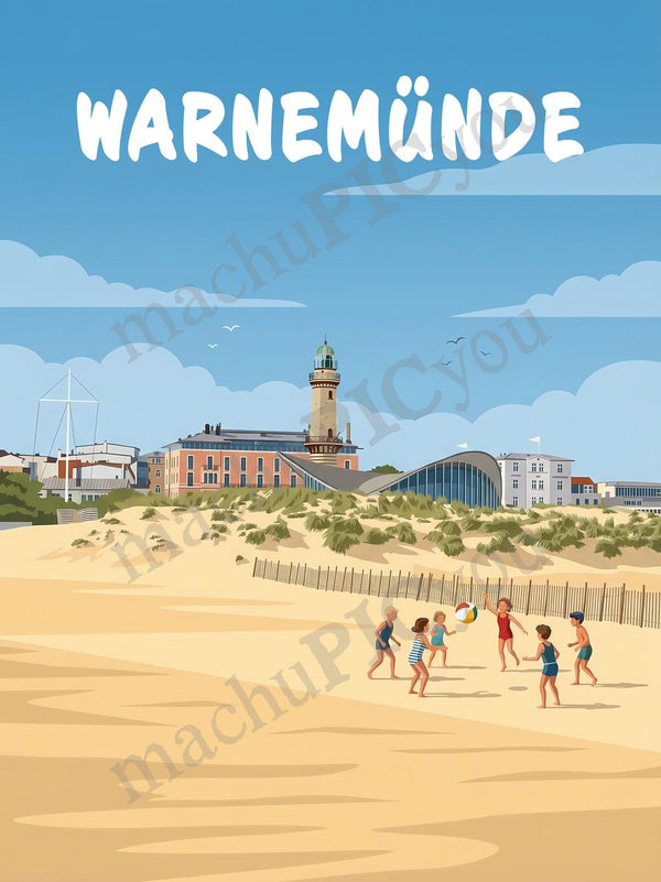 Warnemünde — Sommer am Leuchtturm — Illustriertes Reiseposter aus echtem Foto | machuPICyou