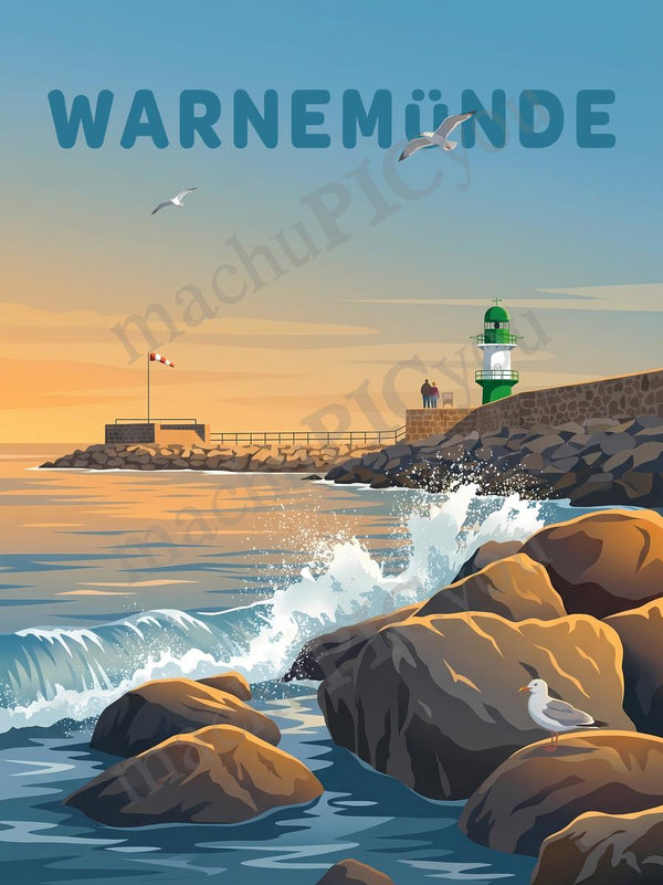 Warnemünde — Warnemünde Leuchtturm Möwen — Illustriertes Reiseposter aus echtem Foto | machuPICyou