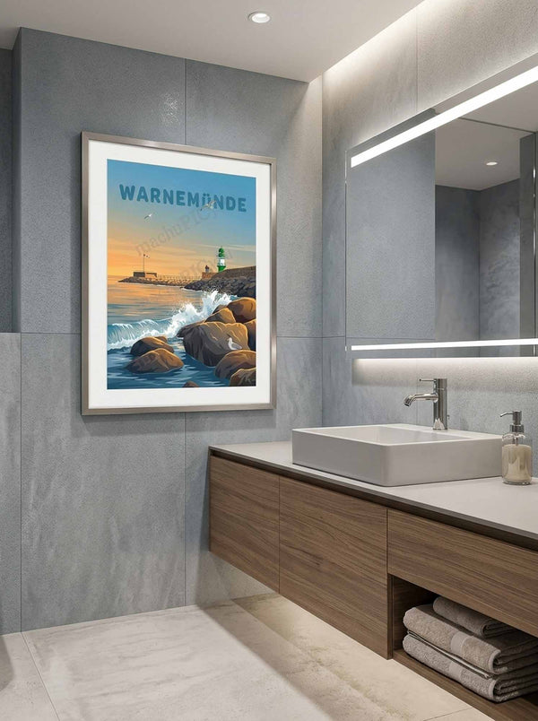 Warnemünde — Warnemünde Leuchtturm Möwen — Wandansicht im Wohnambiente | machuPICyou