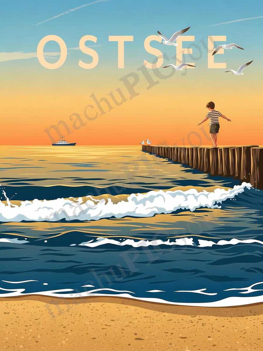 Ostsee — Balance im Abendlicht — Illustriertes Reiseposter aus echtem Foto | machuPICyou