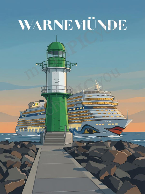Warnemünde — Tor zur Ostsee — Illustriertes Reiseposter aus echtem Foto | machuPICyou