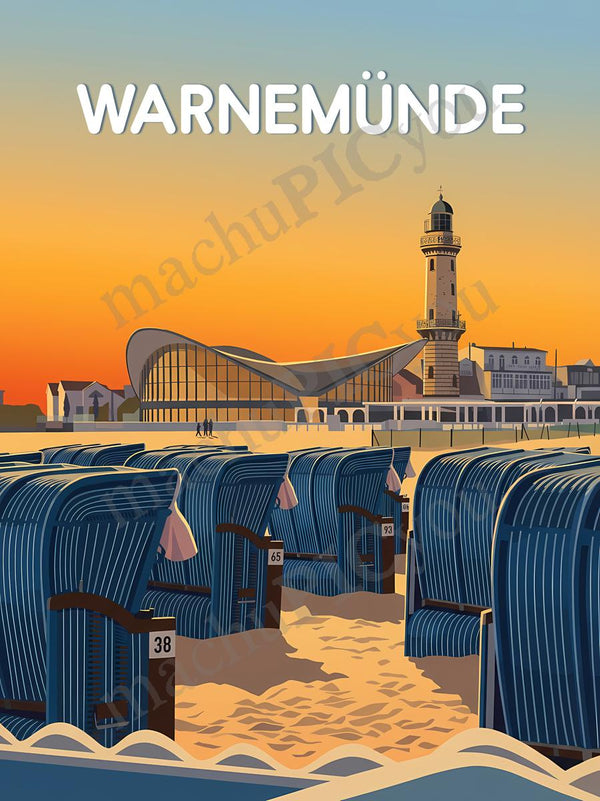 Warnemünde — Abend über Warnemünde — Illustriertes Reiseposter aus echtem Foto | machuPICyou