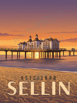 Rügen — Goldene Seebrücke Sellin — Illustriertes Reiseposter aus echtem Foto | machuPICyou