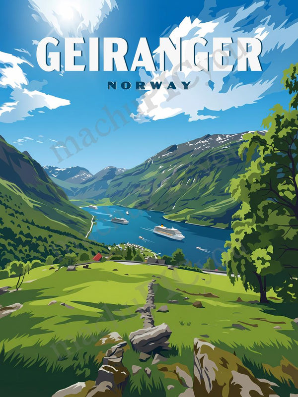 Norwegen — Geirangerfjord — Illustriertes Reiseposter aus echtem Foto | machuPICyou