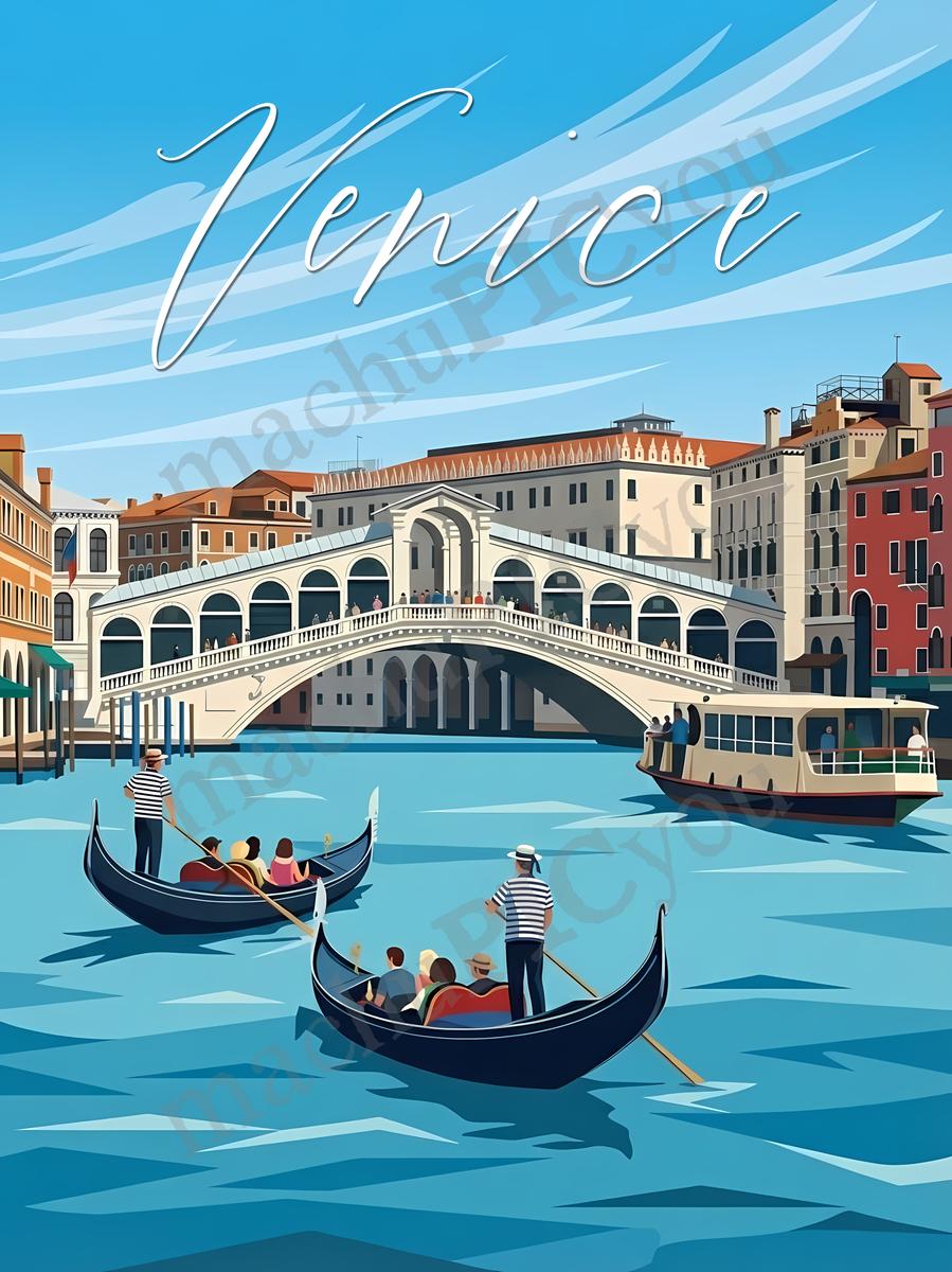 Venedig — Venedig Rialtobrücke — Illustriertes Reiseposter aus echtem Foto | machuPICyou
