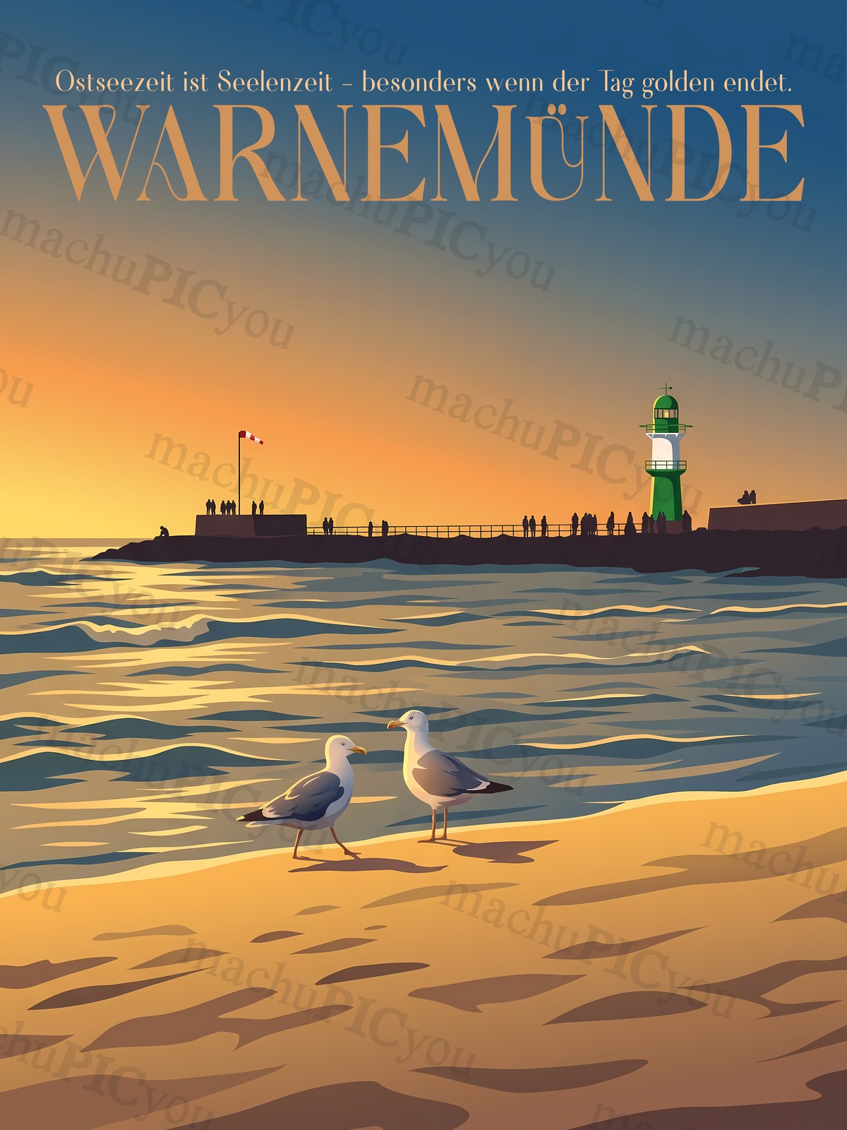 Warnemünde — Möwen im Abendgold - machuPICyou Poster