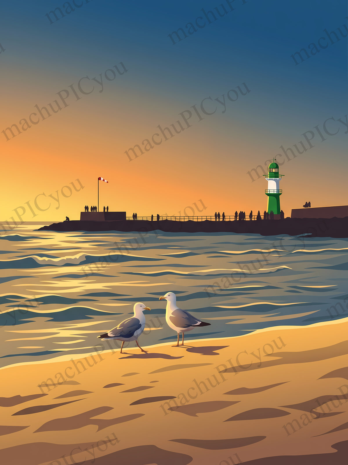 Poster Warnemünde — Zwei Möwen am Strand