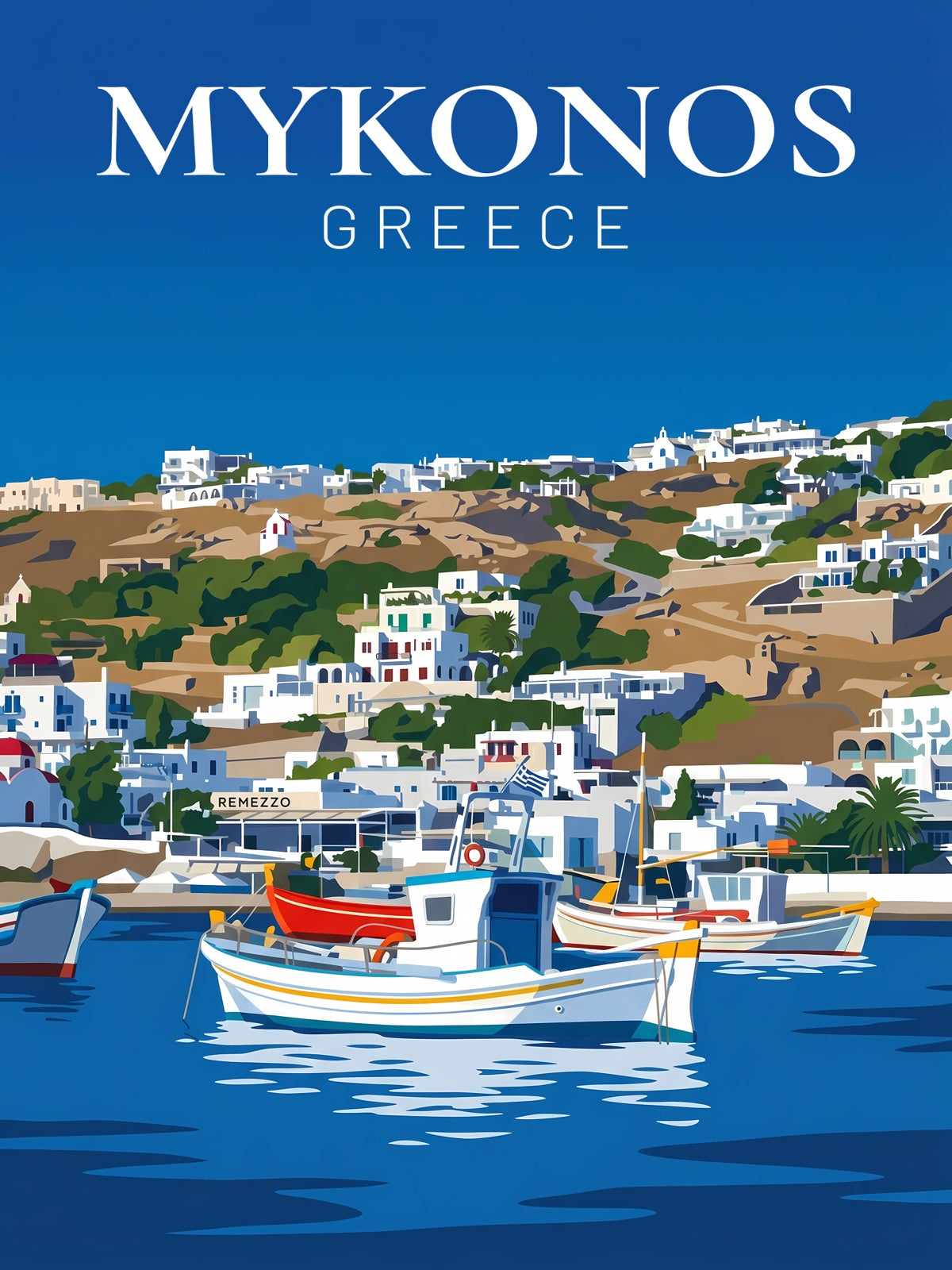 Illustriertes Mykonos-Poster im machuPICyou-Stil